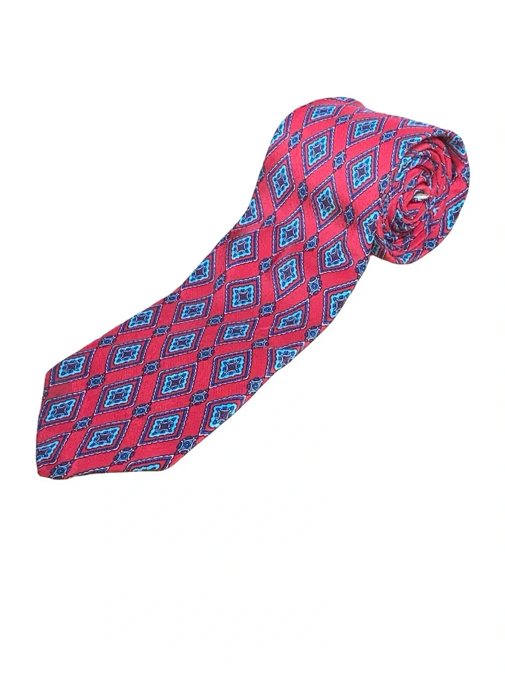 Christian Dior Monsieur 100% Silk Geometric Medallion Necktie - Red & Turquoise